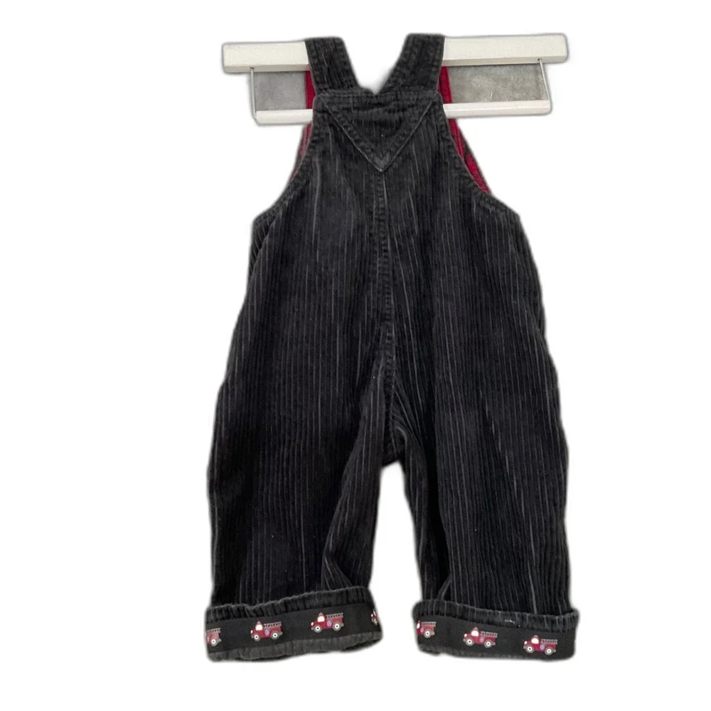 GYMBOREE Sz 3-6 mo Black Corduroy Overalls fire truck hem snap closure